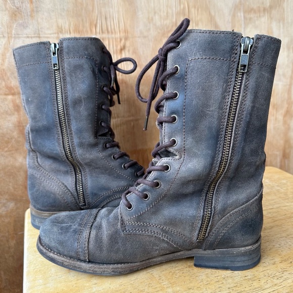 All Saints Spitalfields Gray Brown Combat Moto Lace Up Side Zip Distressed Boot - Picture 8 of 15